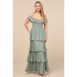 NWT Lulus Always Remarkable Sage Brush Pleated Off-the-Shoulder Maxi Dress Sz M